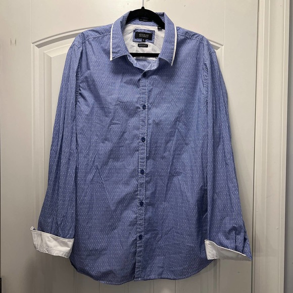 Guess Dean Men's Smart Slim Fit Stripes Button-Down Shirt Size‎ XL Blue White - Picture 1 of 5